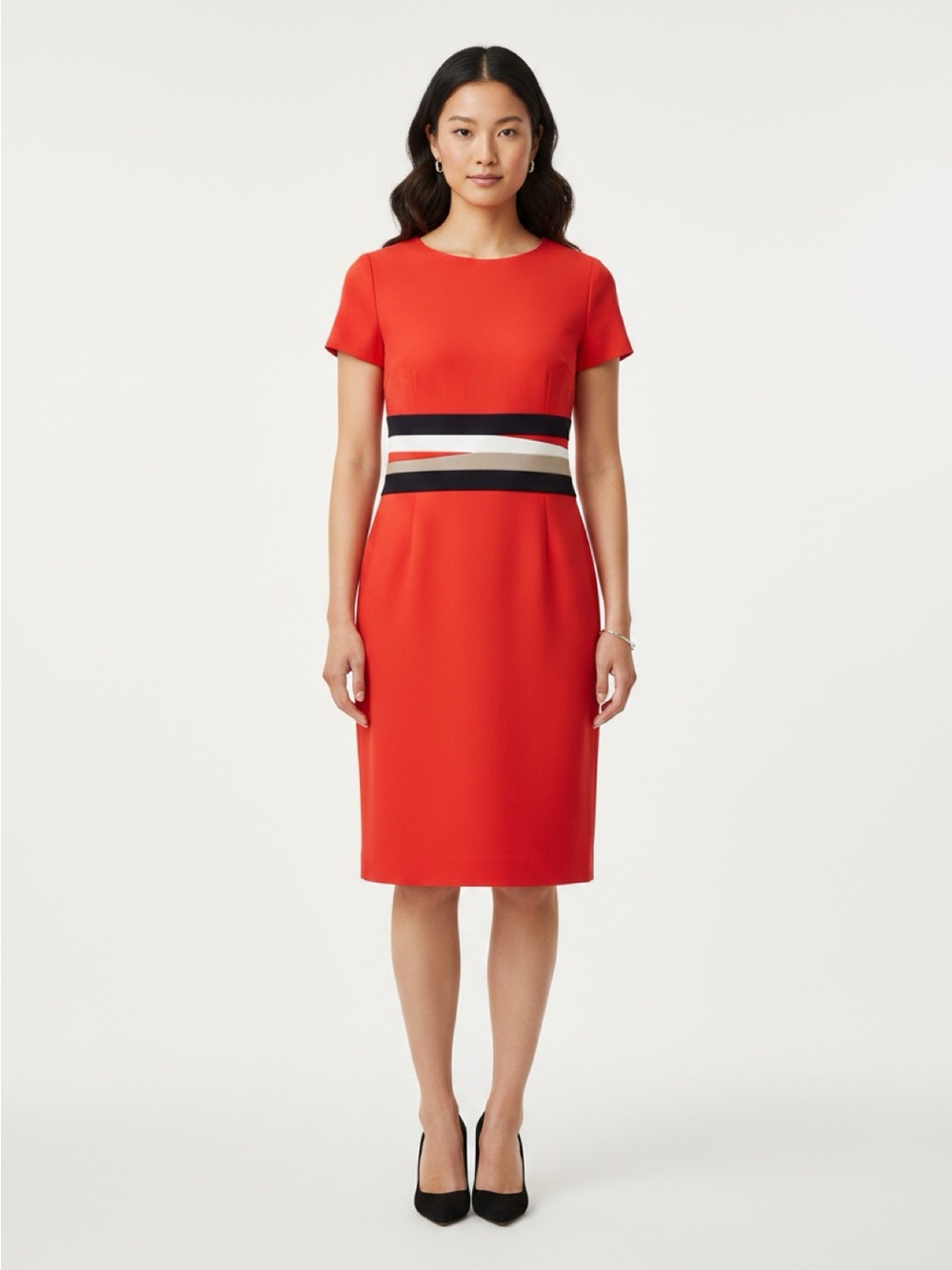 Hugo Boss Red Midi Dress with Multicolor Striped Waistband
